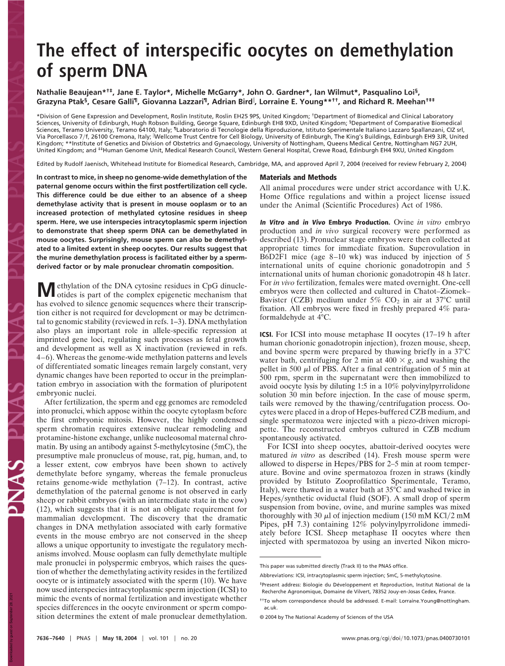 The Effect of Interspecific Oocytes on Demethylation of Sperm DNA