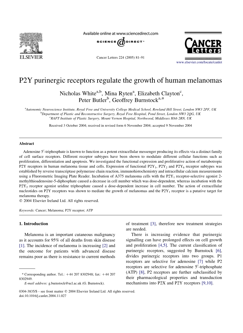 P2Y Purinergic Receptors Regulate the Growth of Human Melanomas