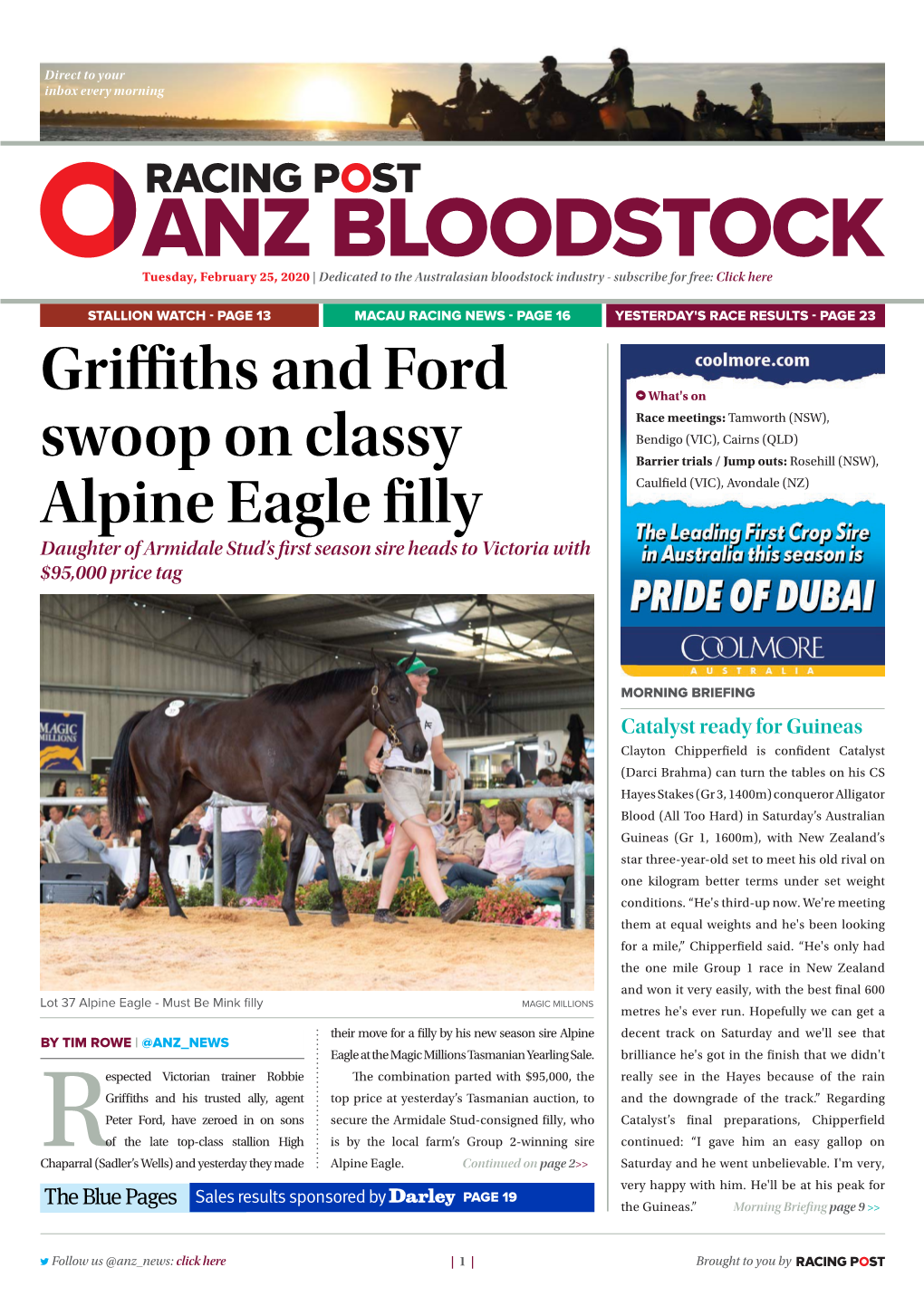 Griffiths and Ford Swoop on Classy Alpine Eagle Filly | 2 | Tuesday, February 25, 2020