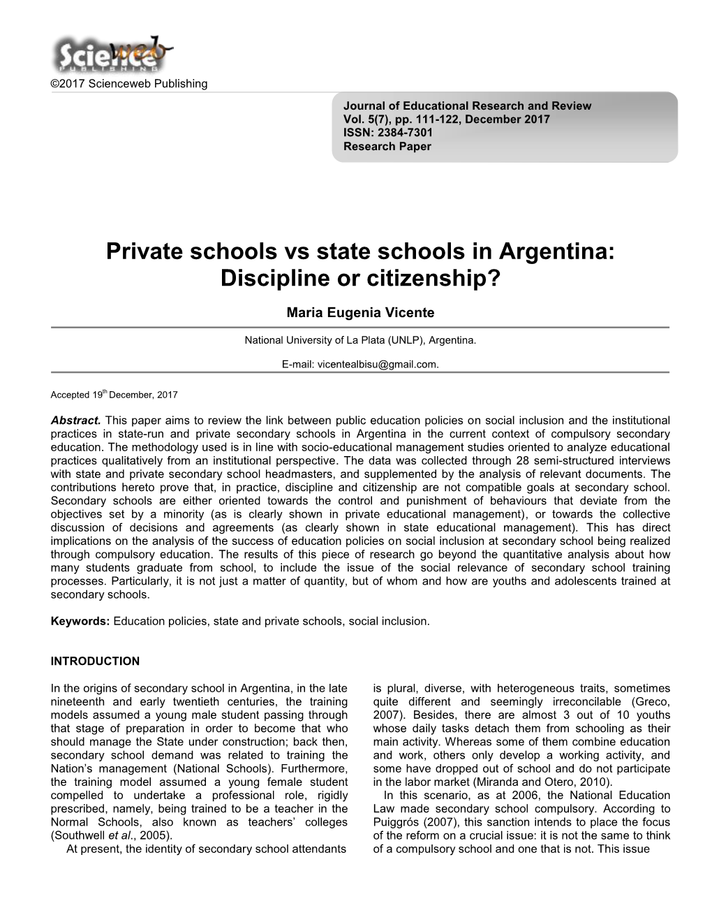 Private Schools Vs State Schools in Argentina: Discipline Or Citizenship?