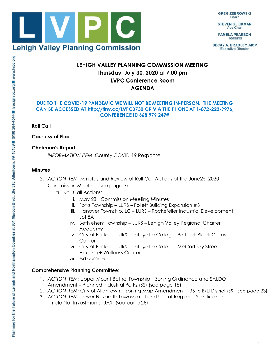LEHIGH VALLEY PLANNING COMMISSION MEETING Thursday, July 30, 2020 at 7:00 Pm LVPC Conference Room AGENDA