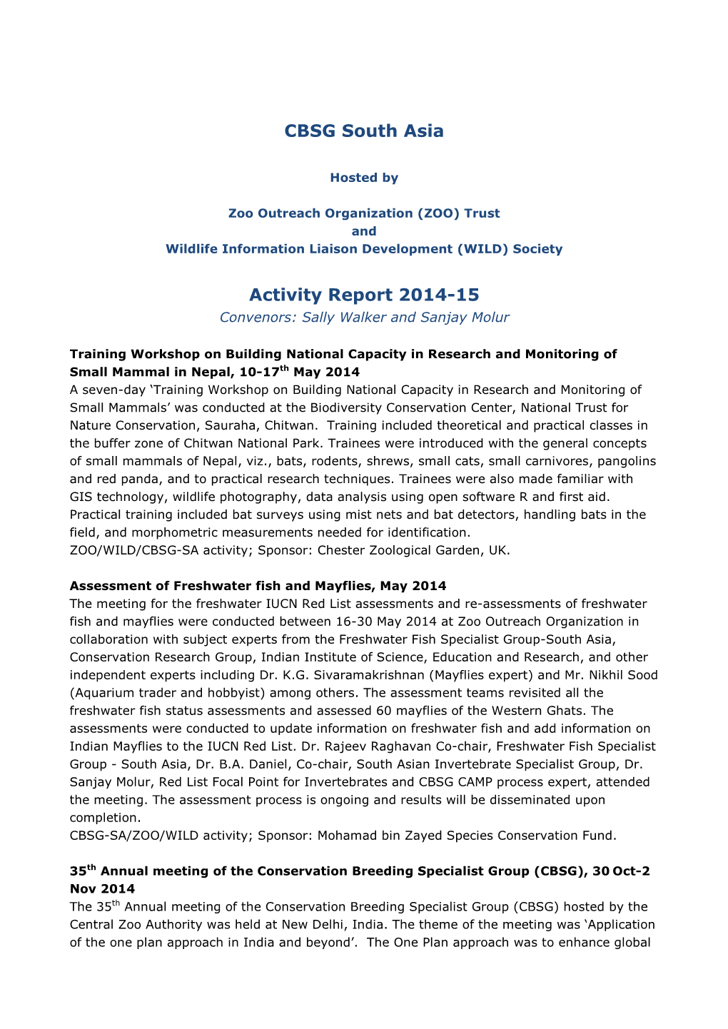 CBSG South Asia Activity Report 2014-15