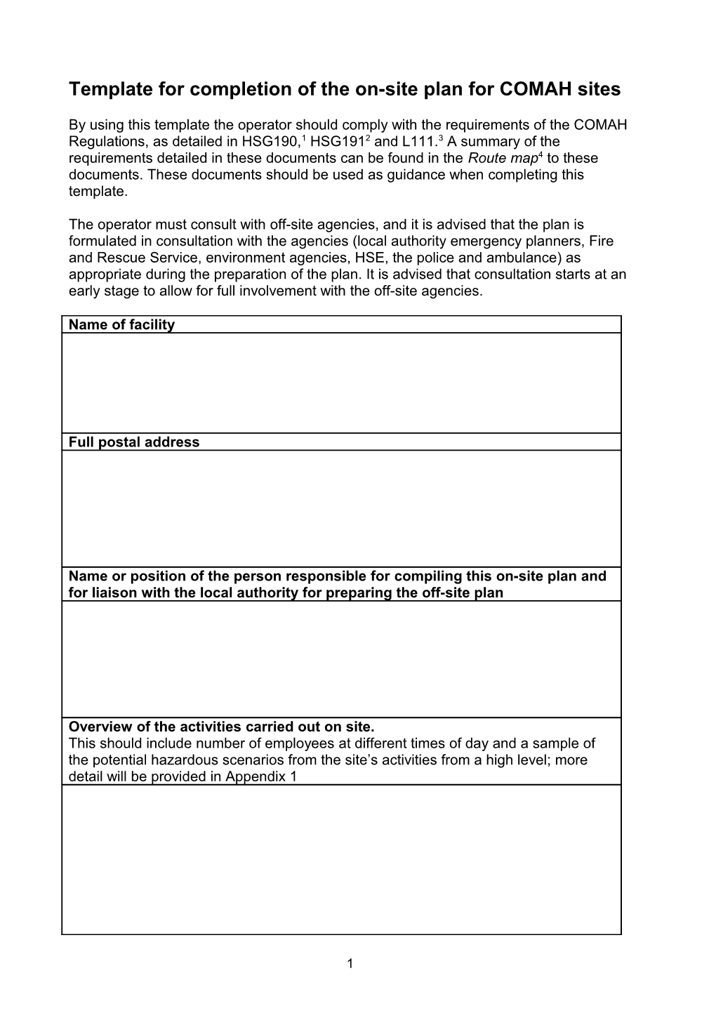 Template For Completion Of The On-Site Plan For COMAH Sites