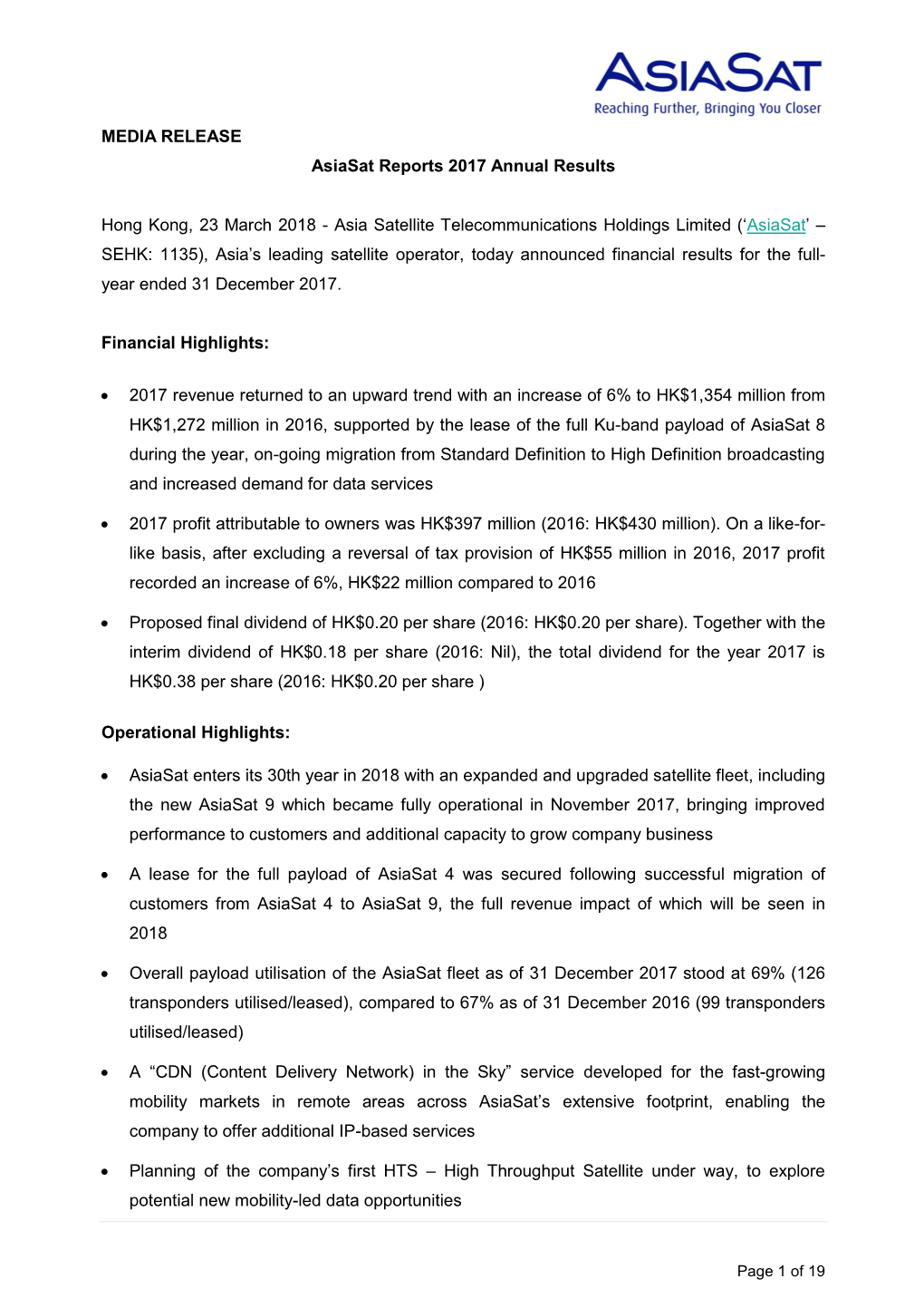 23 Mar 2018 2018 Asiasat Reports 2017 Annual Results