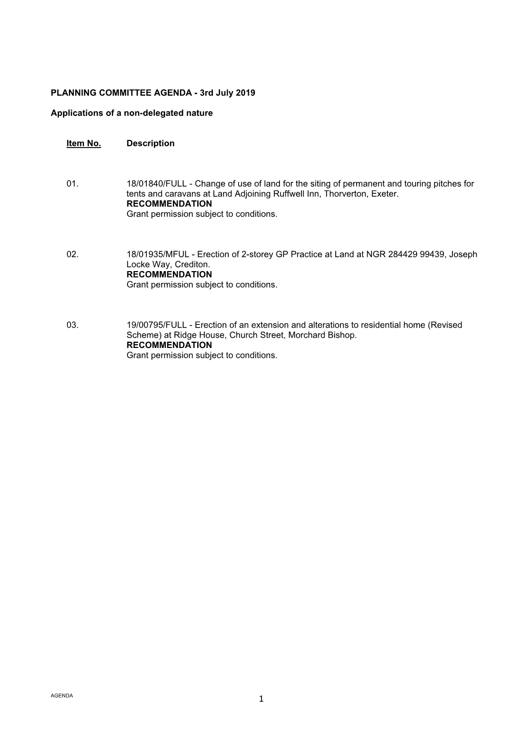 PLANNING COMMITTEE AGENDA - 3Rd July 2019