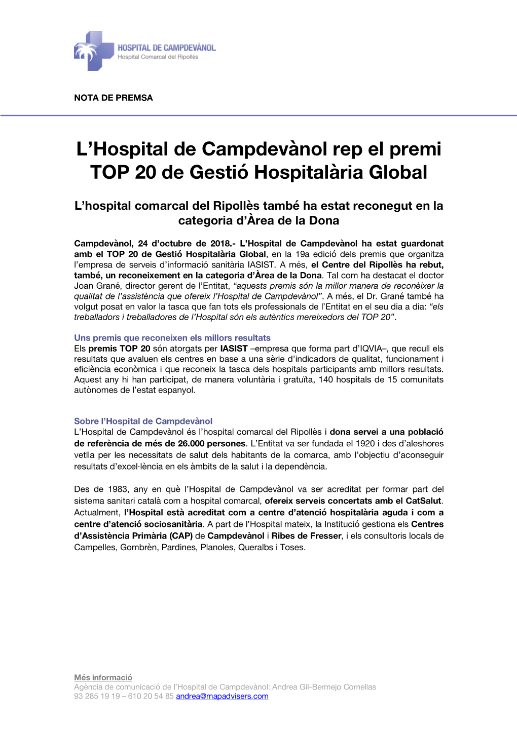 L'hospital De Campdevànol Rep El Premi TOP 20 De Gestió