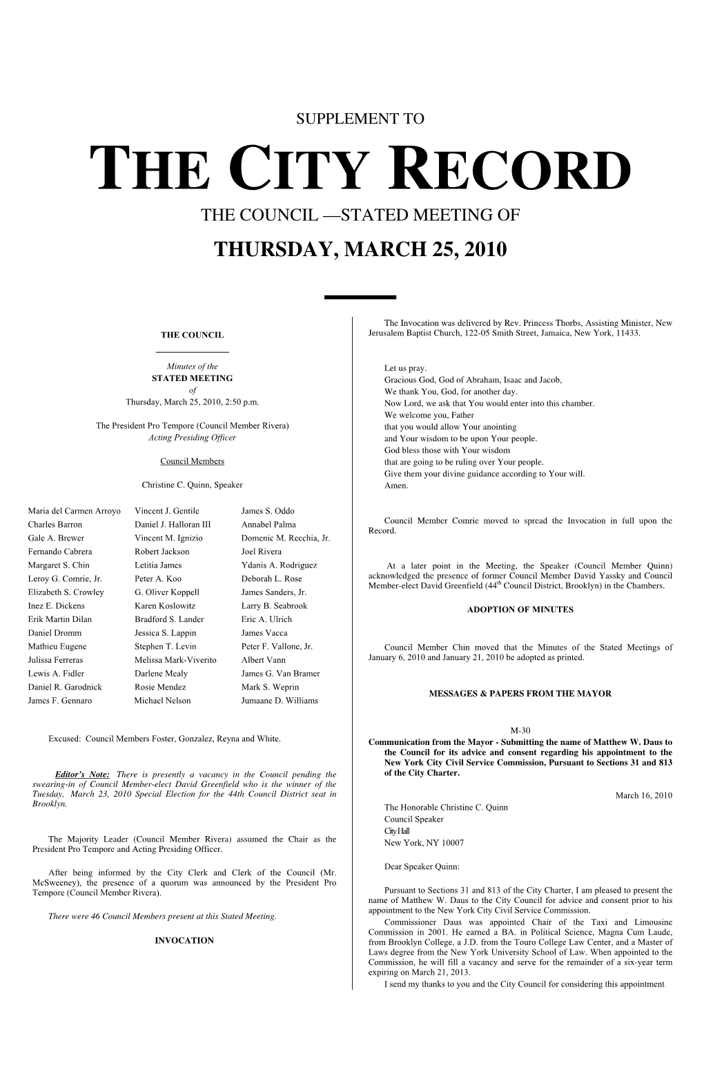 Supplement to the City Record the Council —Stated Meeting of Thursday, March 25, 2010