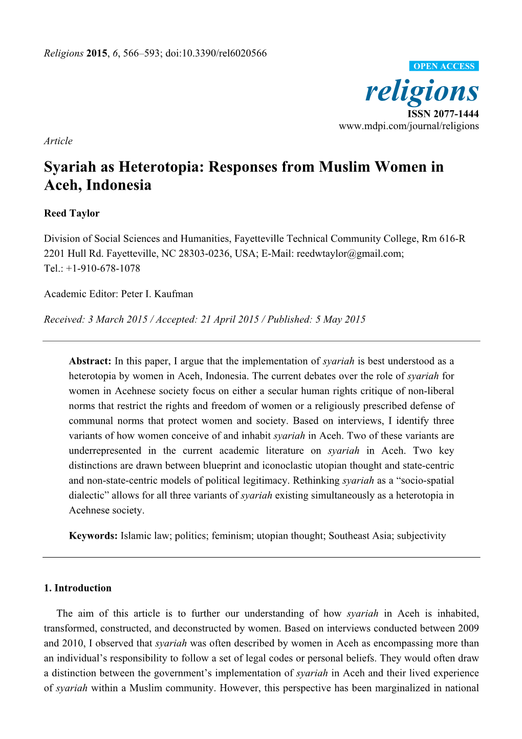 Syariah As Heterotopia: Responses from Muslim Women in Aceh, Indonesia