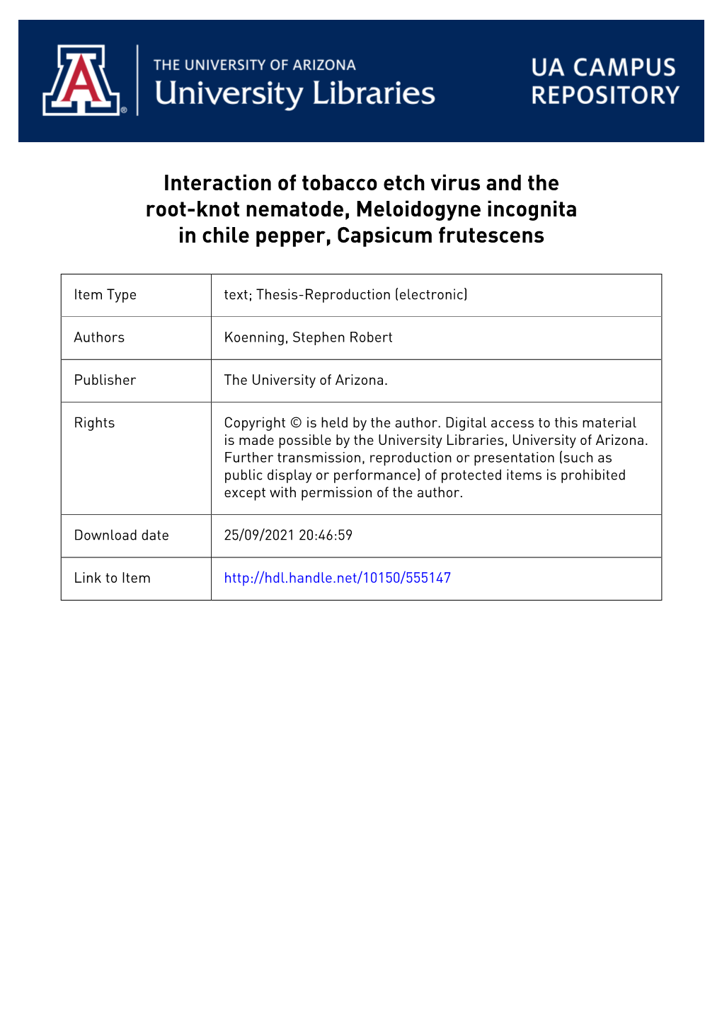 Interaction of Tobacco Etch Virus and the Root-Knot Nematode, Meloidogyne Incognita in Chile Pepper, Capsicum Frutescens