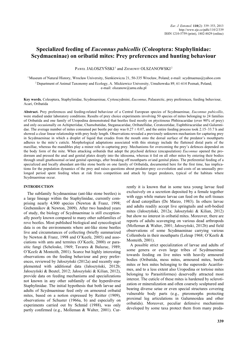 Coleoptera: Staphylinidae: Scydmaeninae) on Oribatid Mites: Prey Preferences and Hunting Behaviour