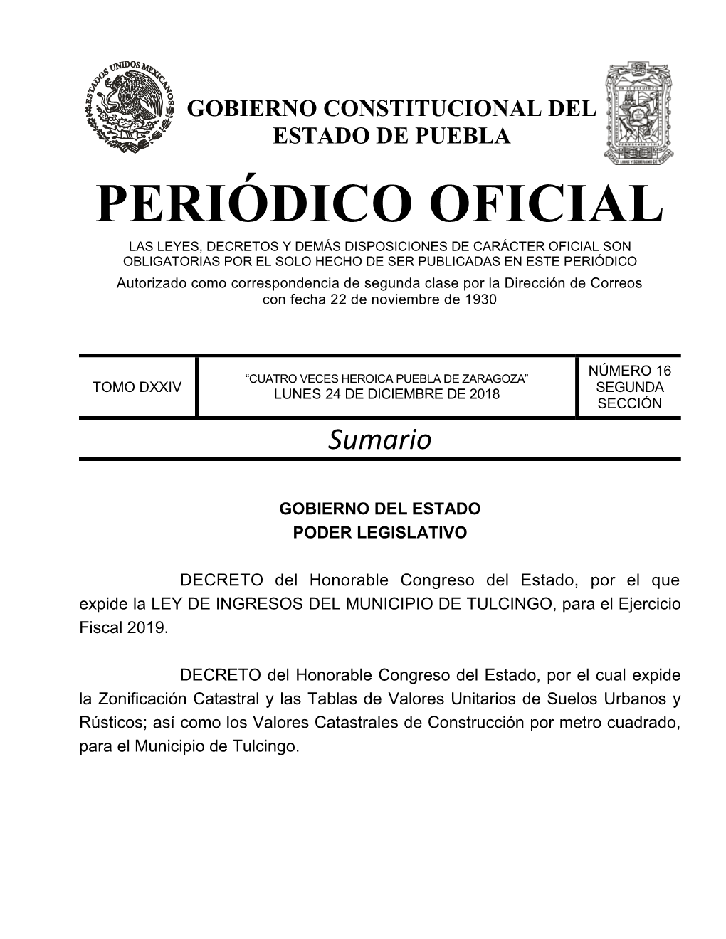 LEY DE INGRESOS DEL MUNICIPIO DE TULCINGO, Para El Ejercicio Fiscal 2019