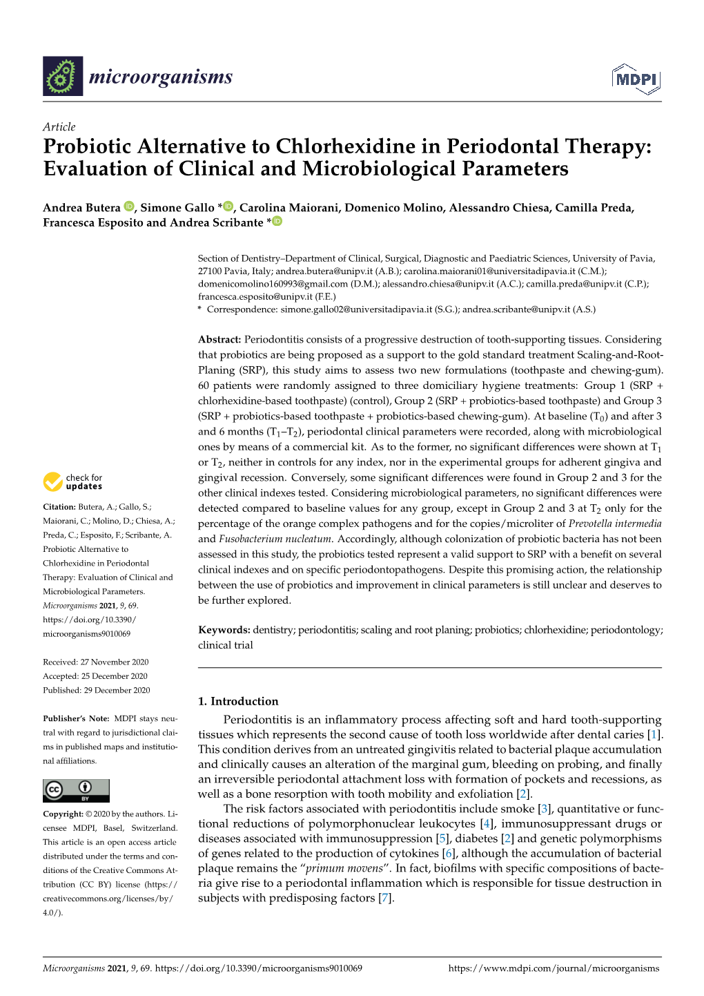 Probiotic Alternative to Chlorhexidine in Periodontal Therapy: Evaluation of Clinical and Microbiological Parameters