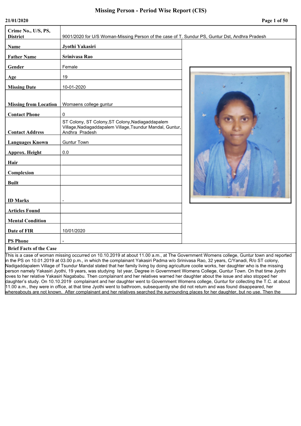 Missing Person - Period Wise Report (CIS) 21/01/2020 Page 1 of 50