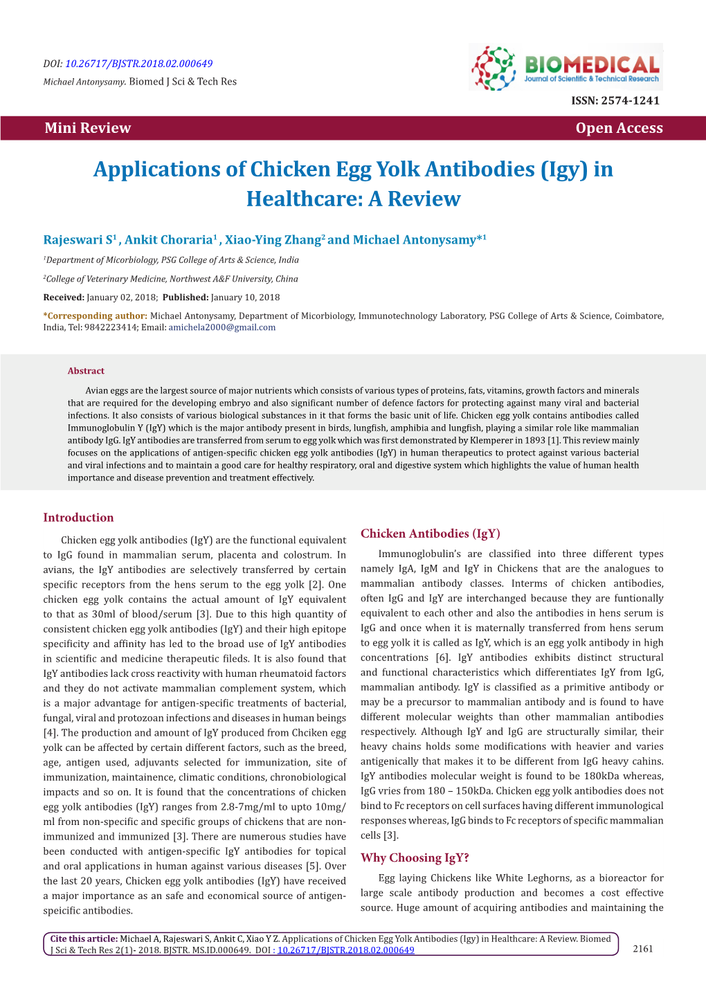 Applications of Chicken Egg Yolk Antibodies (Igy) in Healthcare: a Review