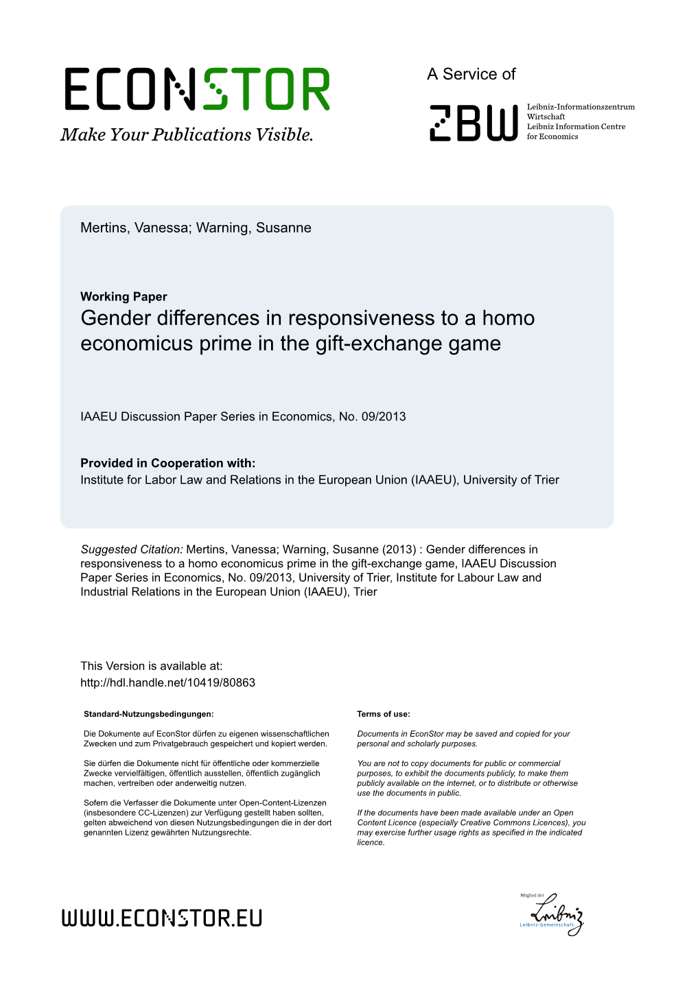 Gender Differences in Responsiveness to a Homo Economicus Prime in the Gift-Exchange Game