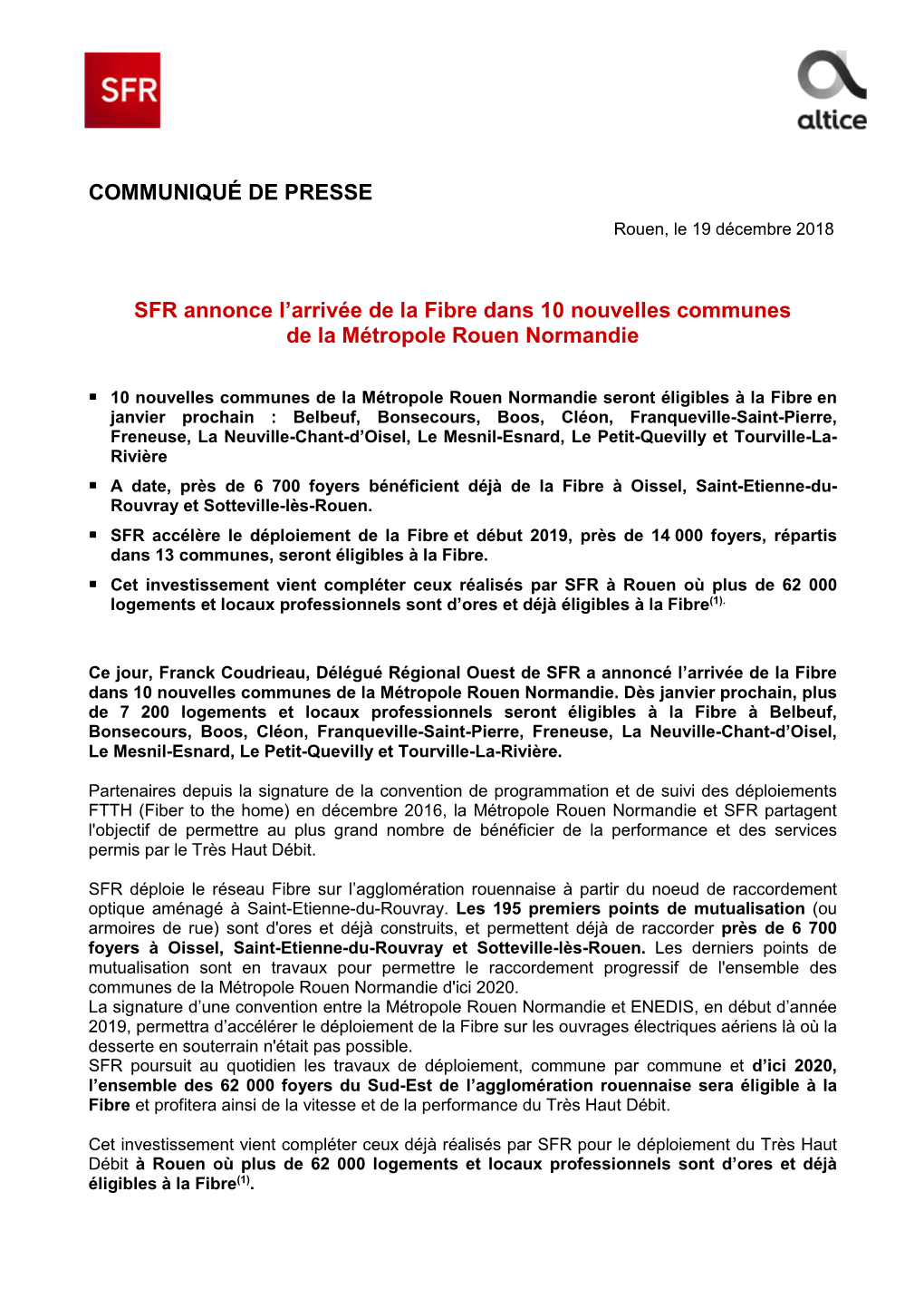 20181219 CP Fibre SFR 10 Communes Métropole Rouen