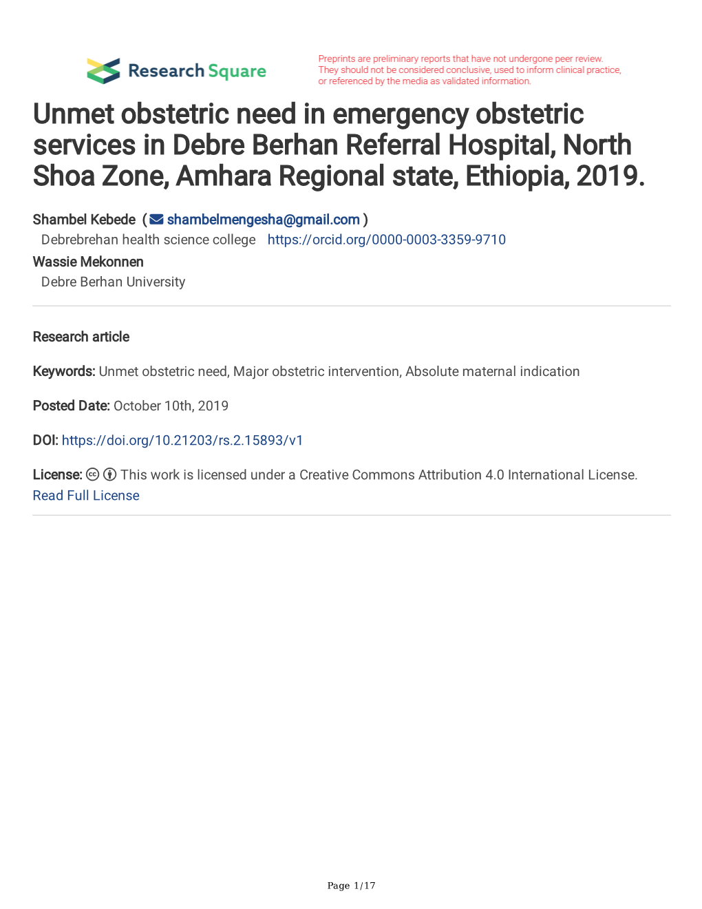 Unmet Obstetric Need in Emergency Obstetric Services in Debre Berhan Referral Hospital, North Shoa Zone, Amhara Regional State, Ethiopia, 2019
