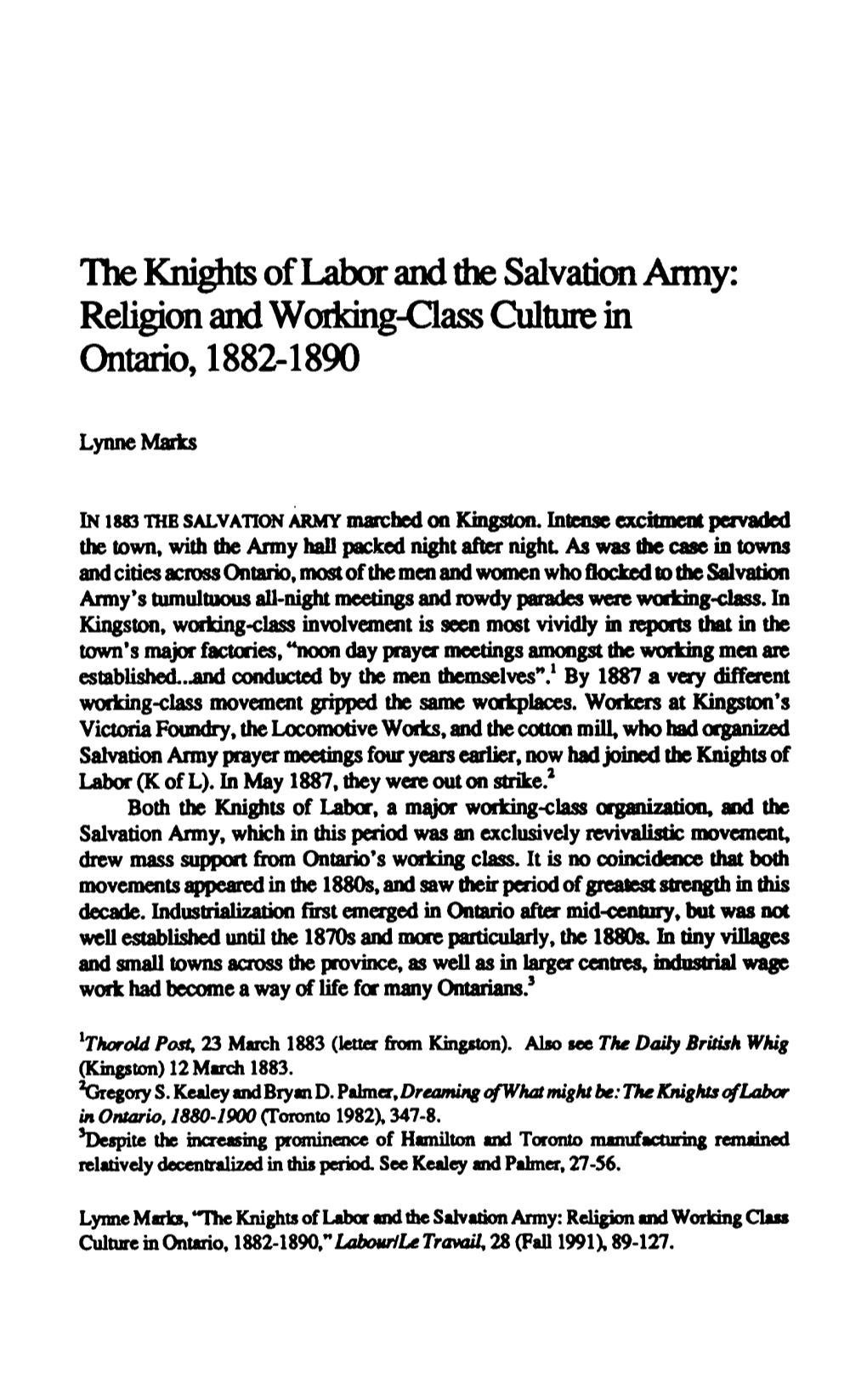 Religion and Working-Class Culture in Ontario, 1882-1890