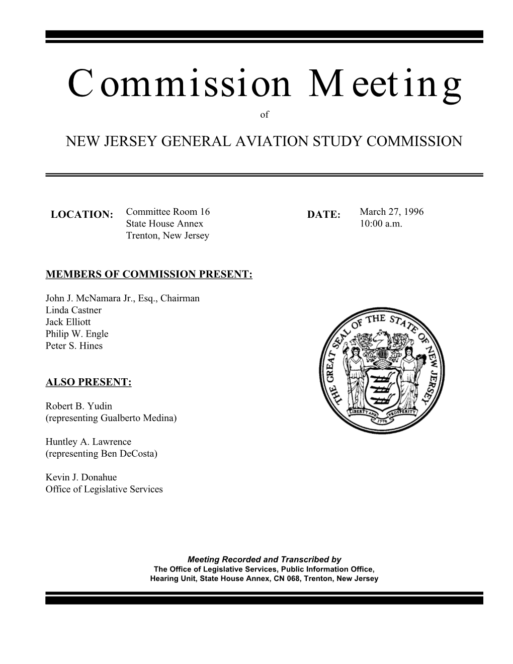 Commission Meeting of NEW JERSEY GENERAL AVIATION STUDY COMMISSION