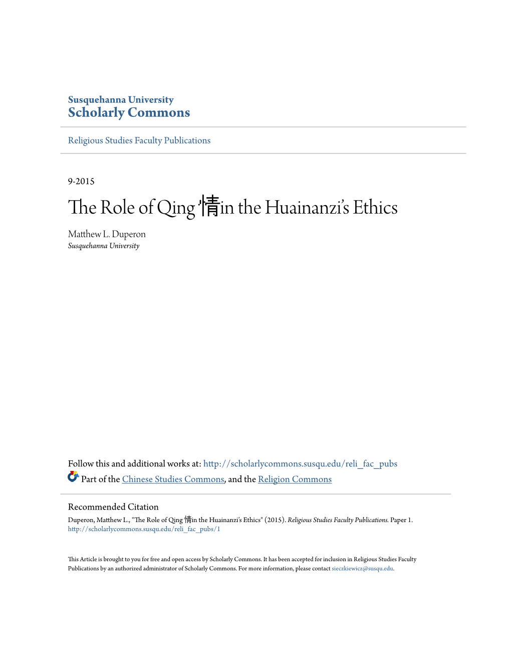 The Role of Qing Æ…–In the Huainanziâ•Žs Ethics