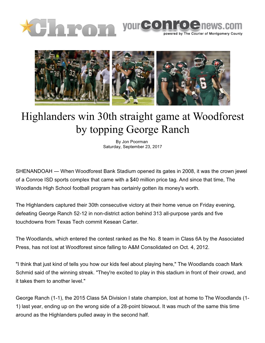 Highlanders Win 30Th Straight Game at Woodforest by Topping George Ranch