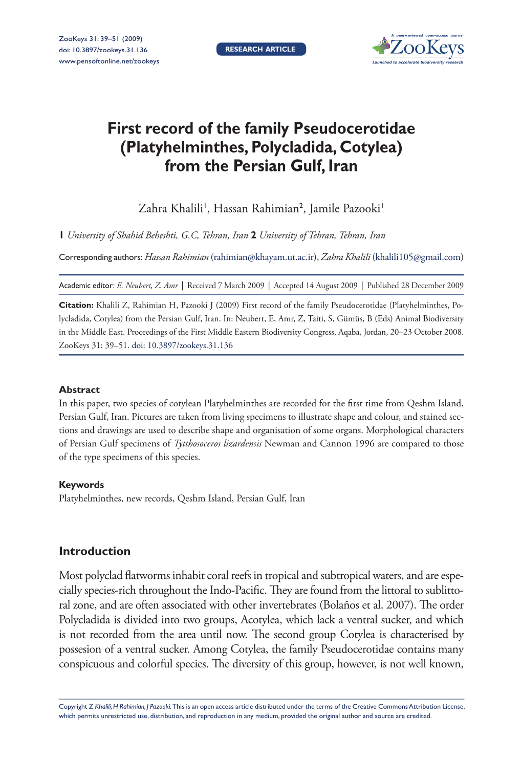 (Platyhelminthes, Polycladida, Cotylea) from the Persian Gulf, Iran