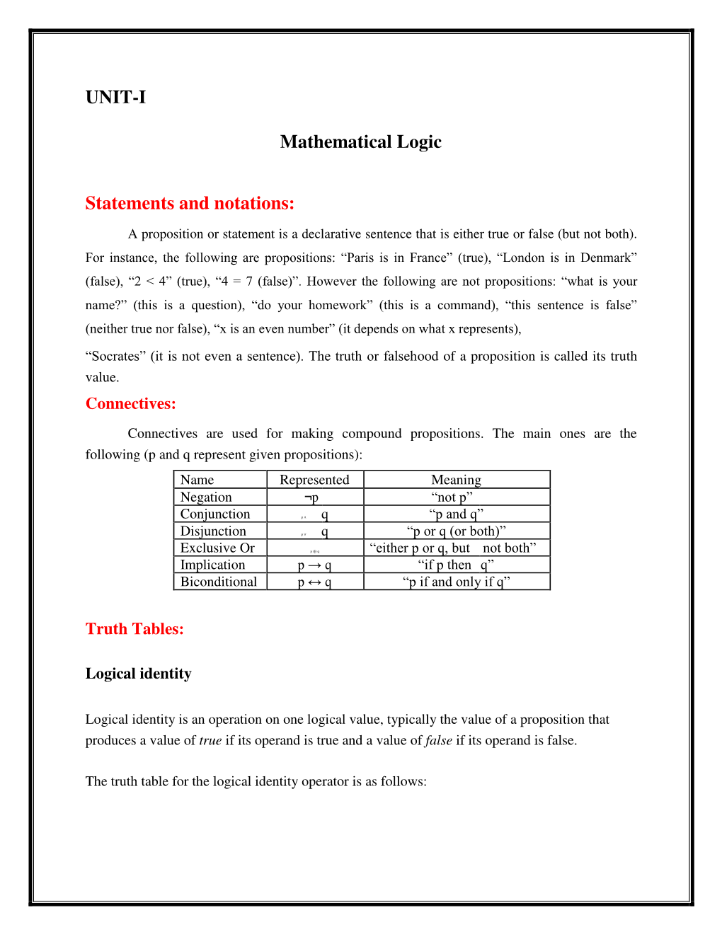 UNIT-I Mathematical Logic Statements and Notations