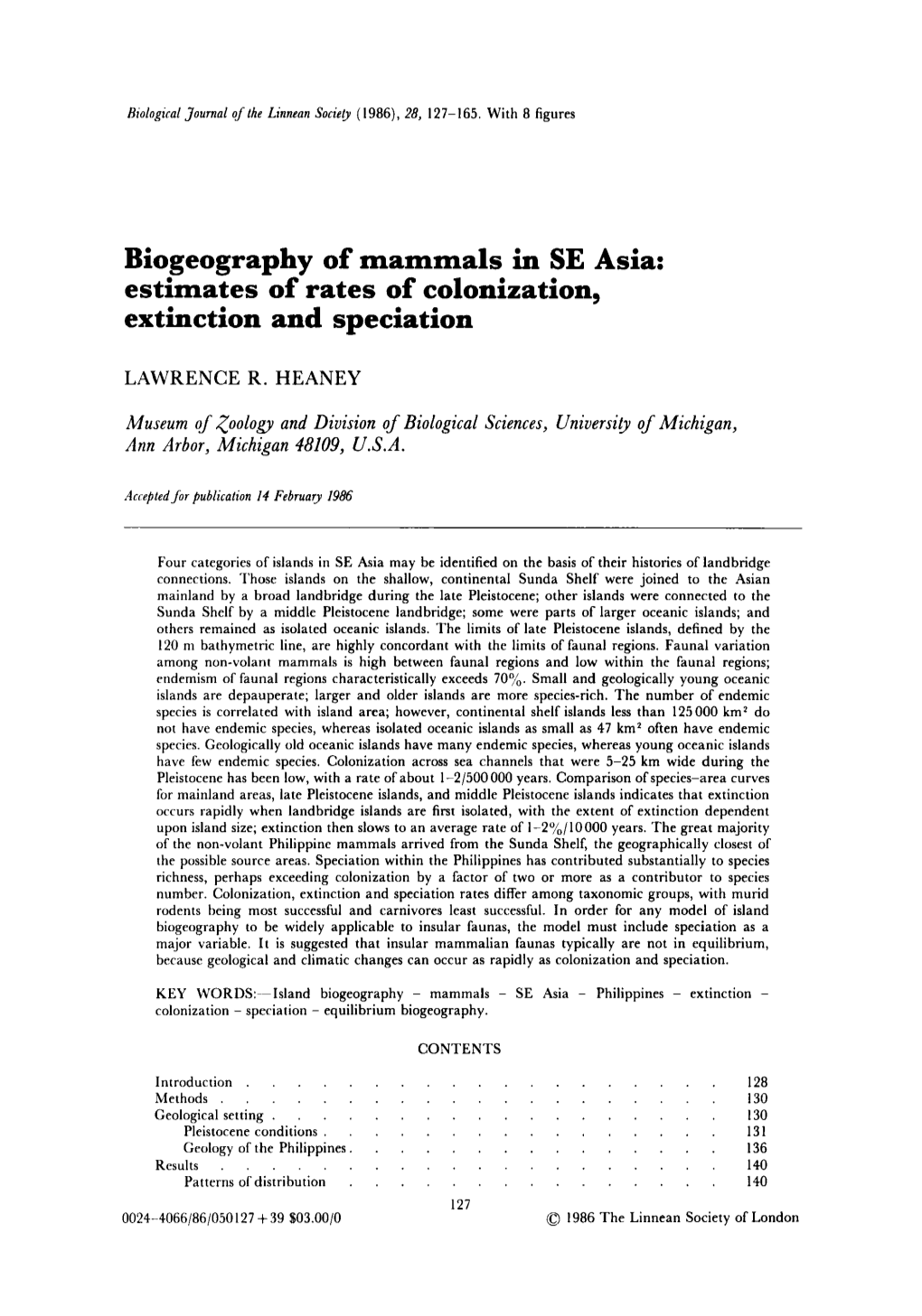 Biogeography of Mammals in SE Asia: Estimates of Rates of Colonization, Extinction and Speciation