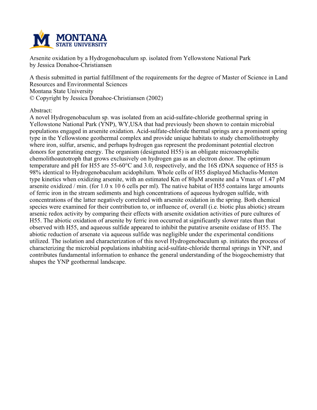 Arsenite Oxidation by a Hydrogenobaculum Sp. Isolated from Yellowstone National Park by Jessica Donahoe-Christiansen a Thesis Su