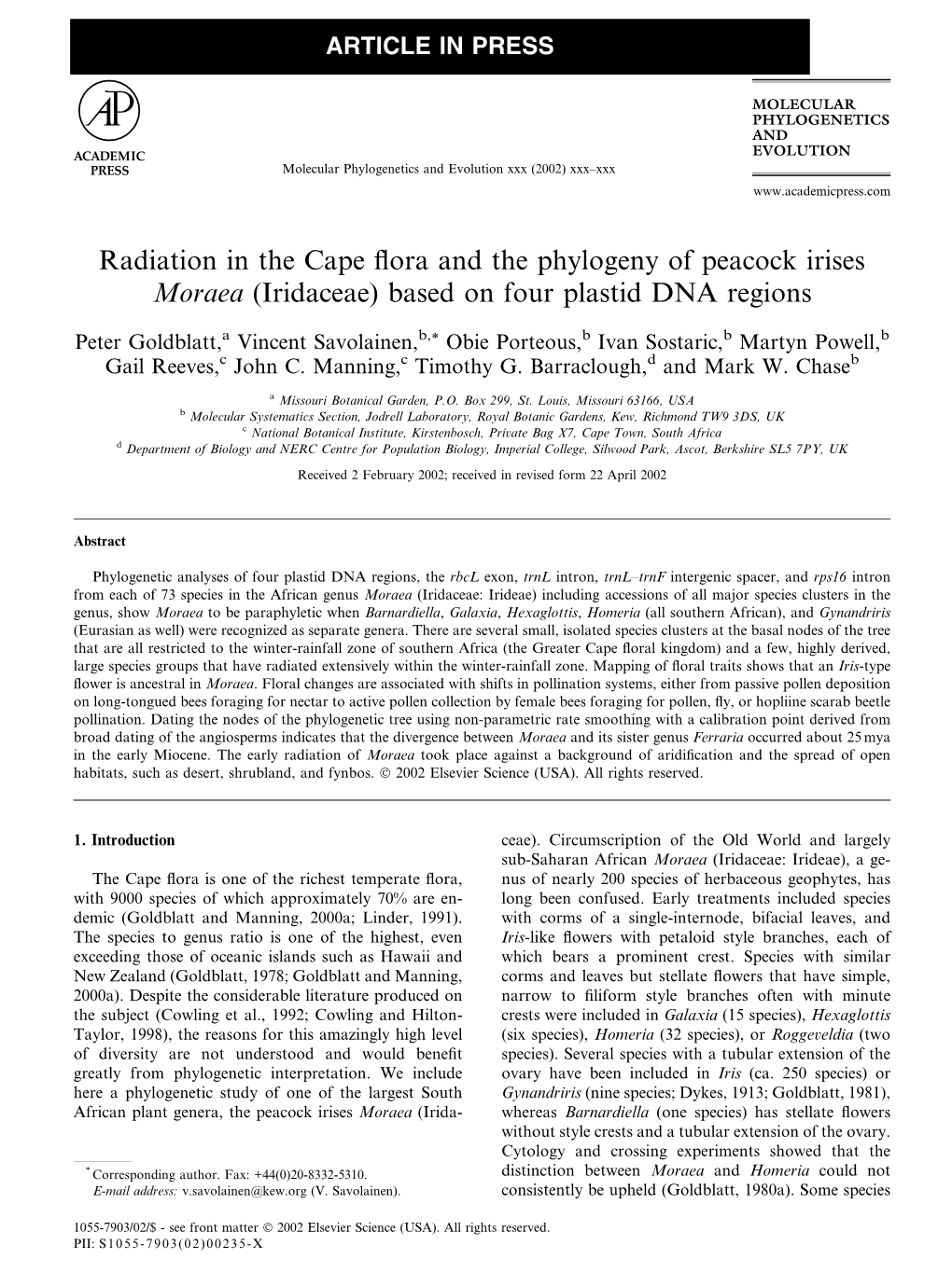 Radiation in the Cape Flora and the Phylogeny of Peacock Irises Moraea