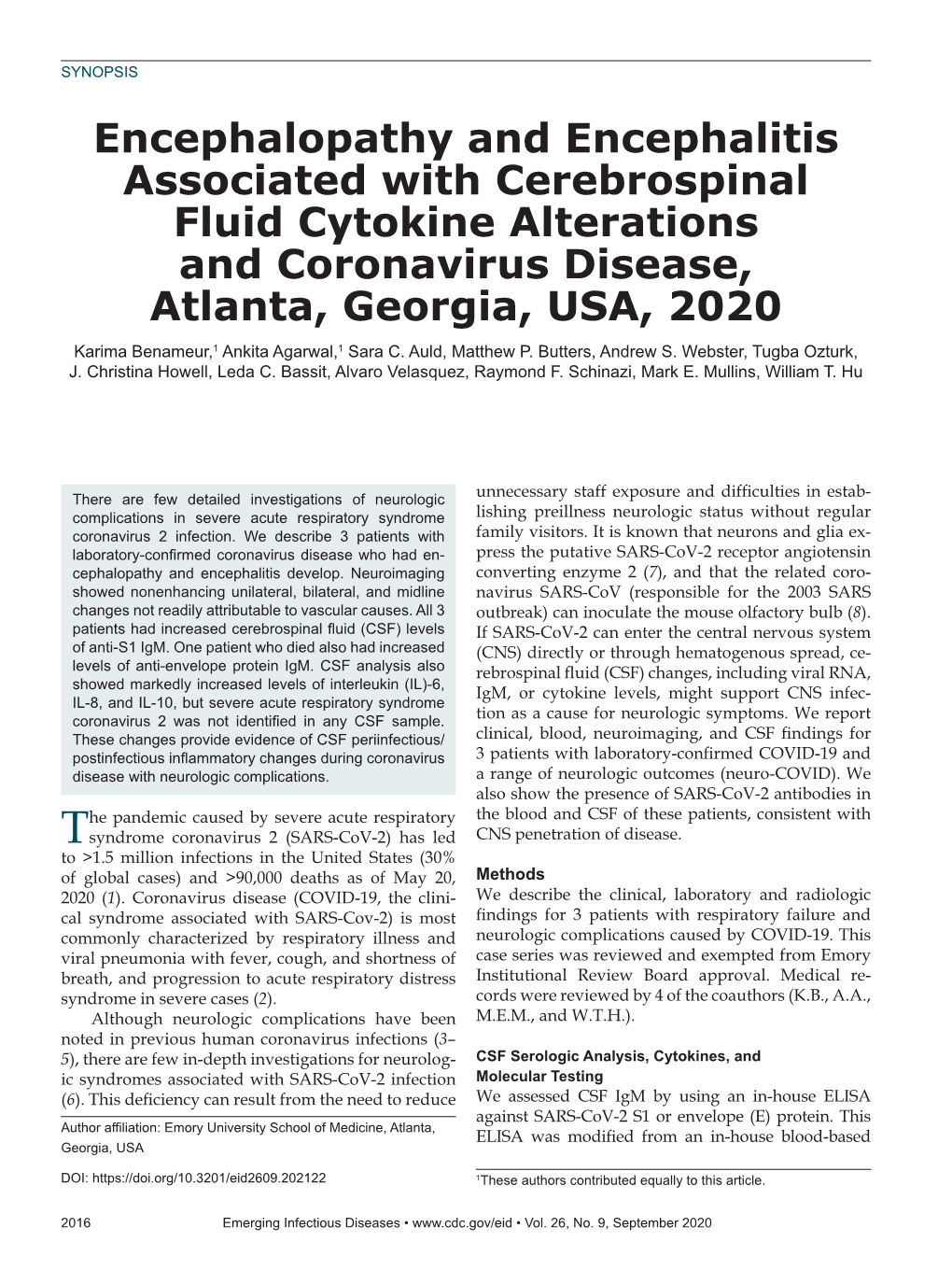 Encephalopathy and Encephalitis Associated with Cerebrospinal