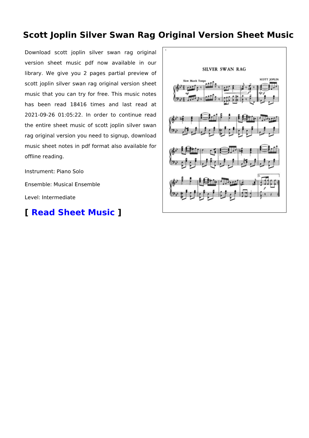 Scott Joplin Silver Swan Rag Original Version Sheet Music