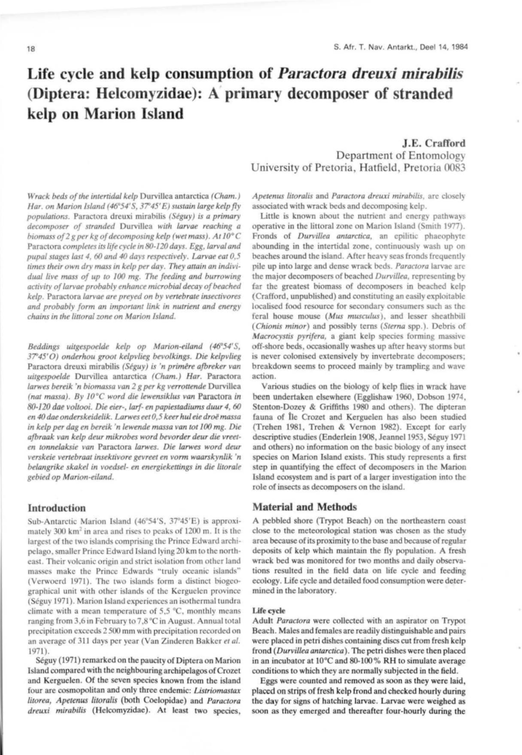 Life Cycle and Kelp Consumption of Paractora Dreuxi Mirabilis (Diptera: Helcomyzidae): a Primary Decomposer of Stranded Kelp on Marion Island