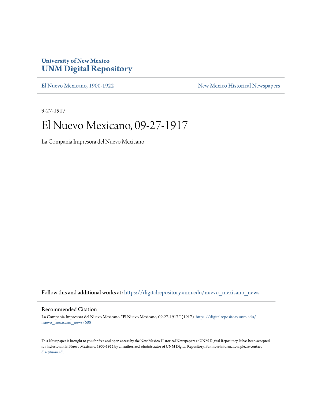 El Nuevo Mexicano, 09-27-1917 La Compania Impresora Del Nuevo Mexicano