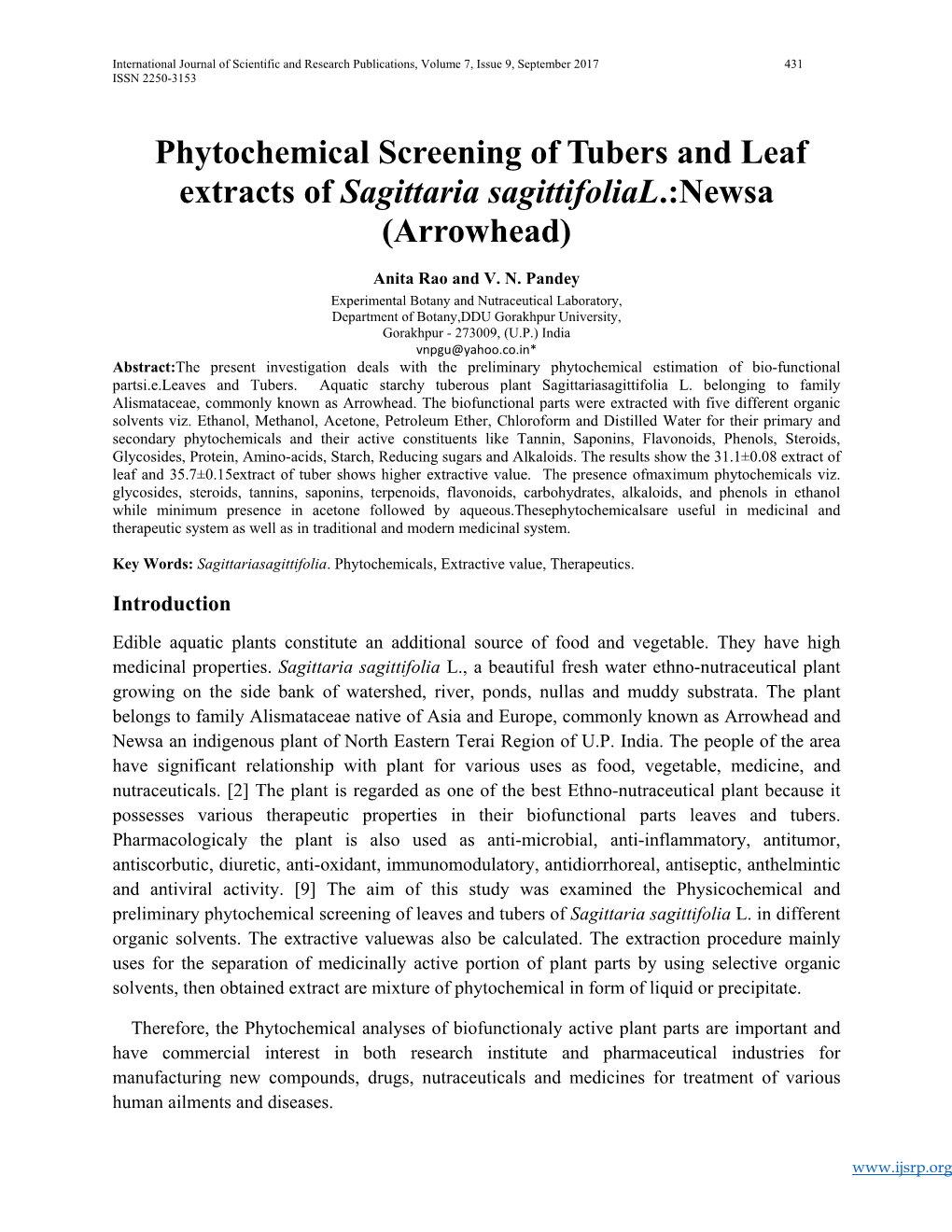 Phytochemical Screening of Tubers and Leaf Extracts of Sagittaria Sagittifolial.:Newsa (Arrowhead)