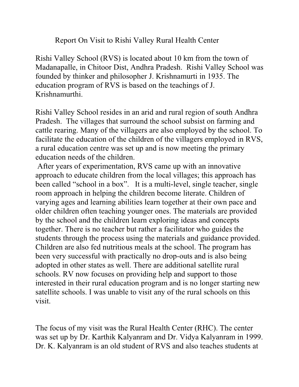 Report on Visit to Rishi Valley Rural Health Center