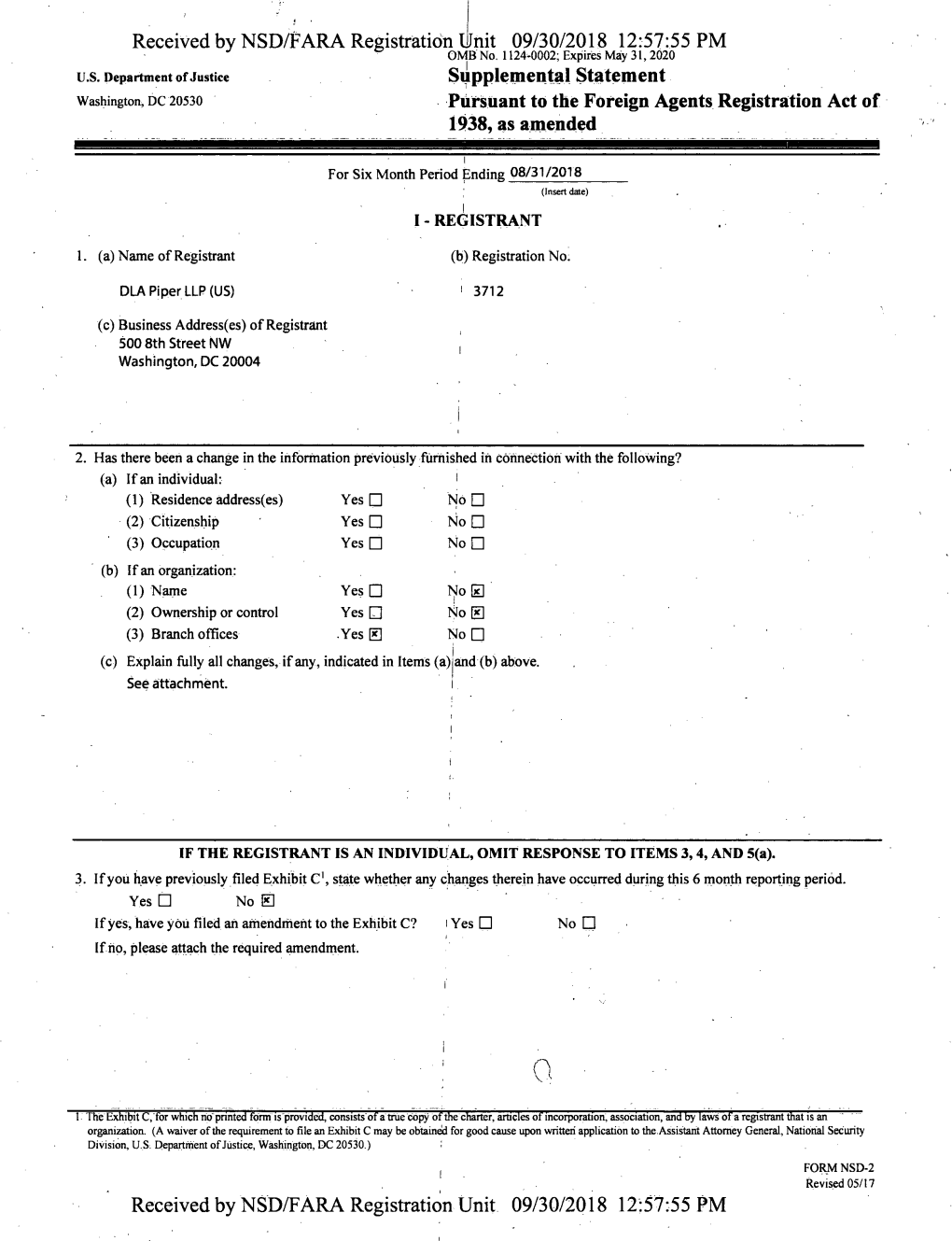 Received by NSD/FARA Registration Unit 09/30/2018 12:57:55 PM OMB No