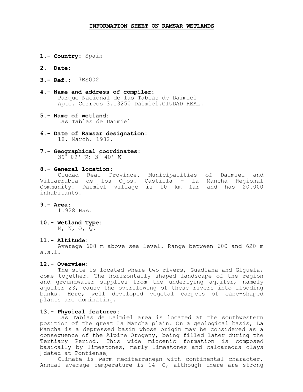 Information Sheet on Ramsar Wetlands 1