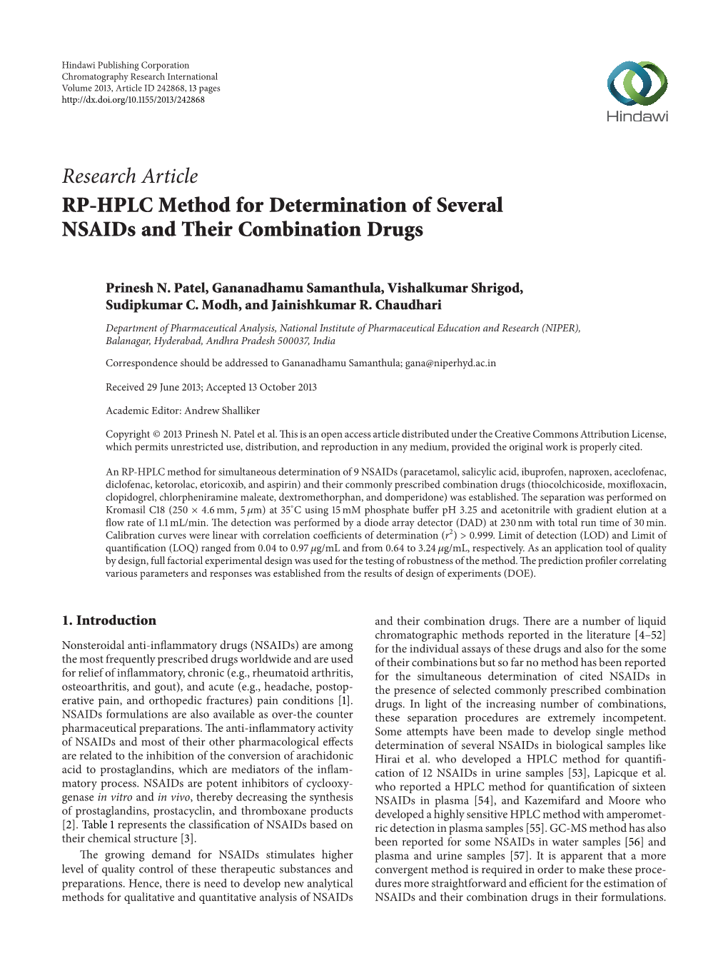 Research Article RP-HPLC Method for Determination of Several Nsaids and Their Combination Drugs