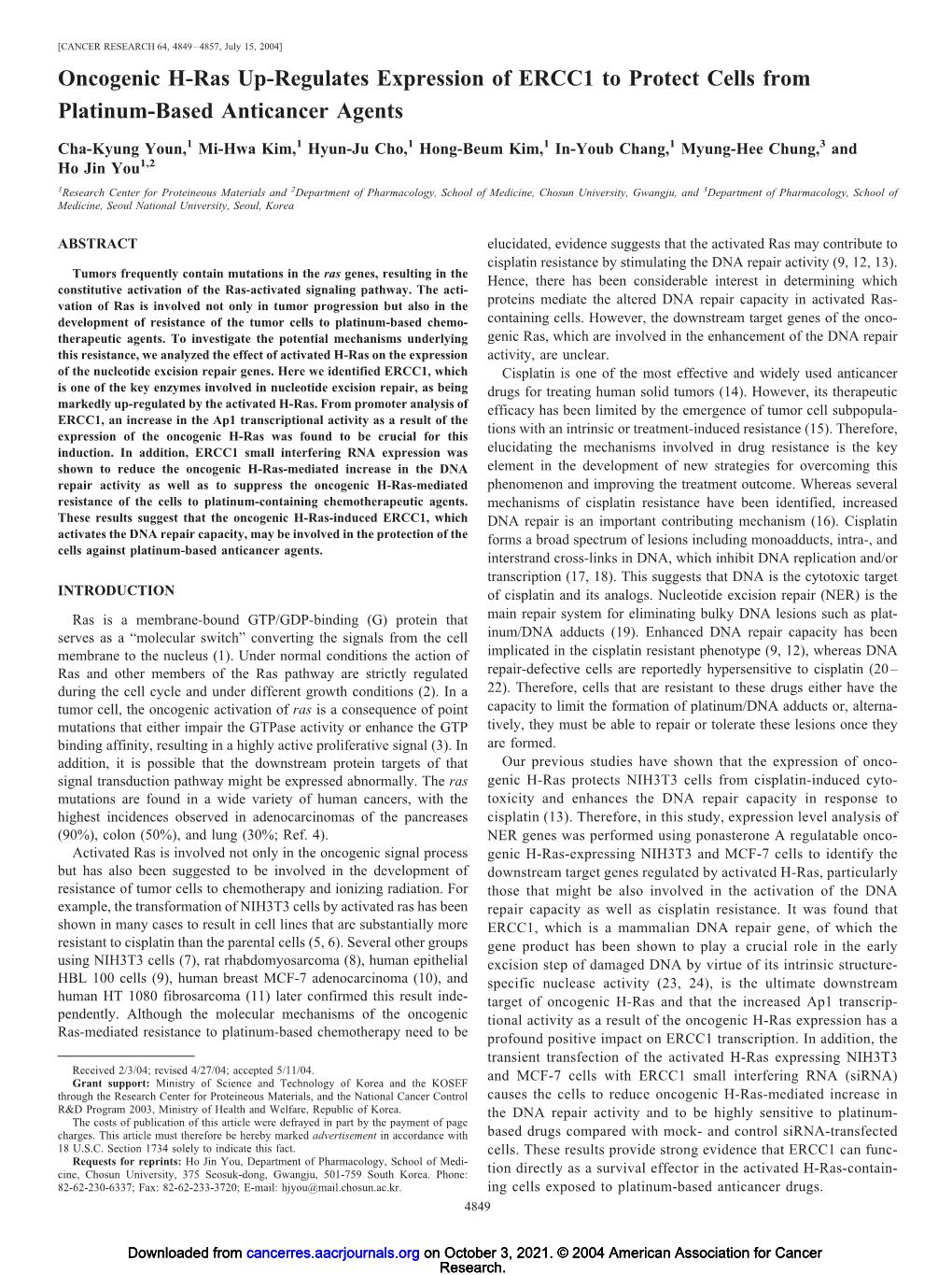 Oncogenic H-Ras Up-Regulates Expression of ERCC1 to Protect Cells from Platinum-Based Anticancer Agents