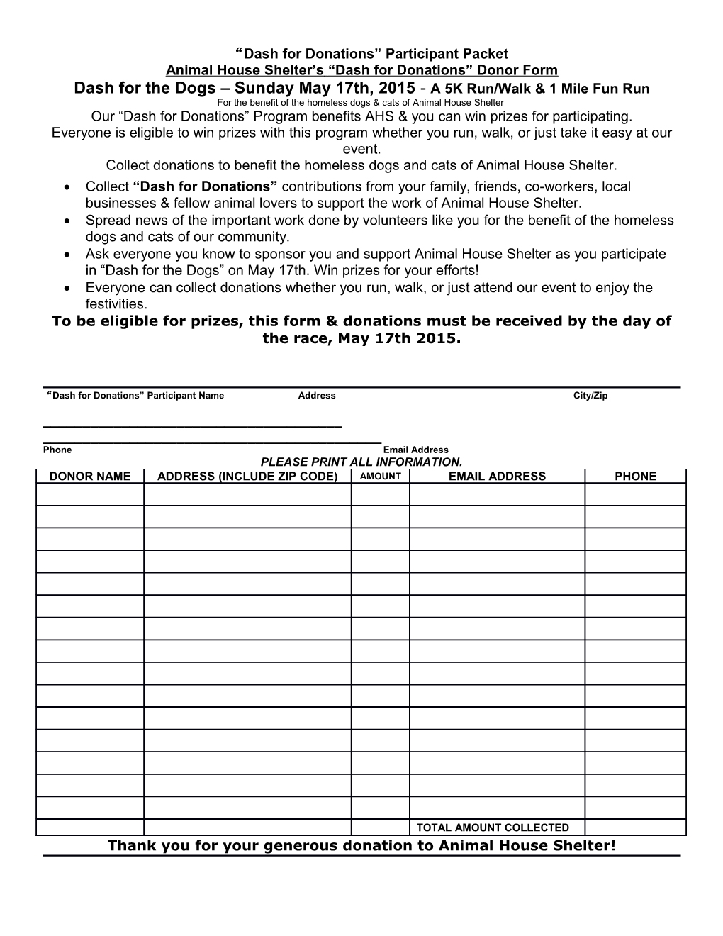 Animal House Shelter S Dash for Donations Donor Form