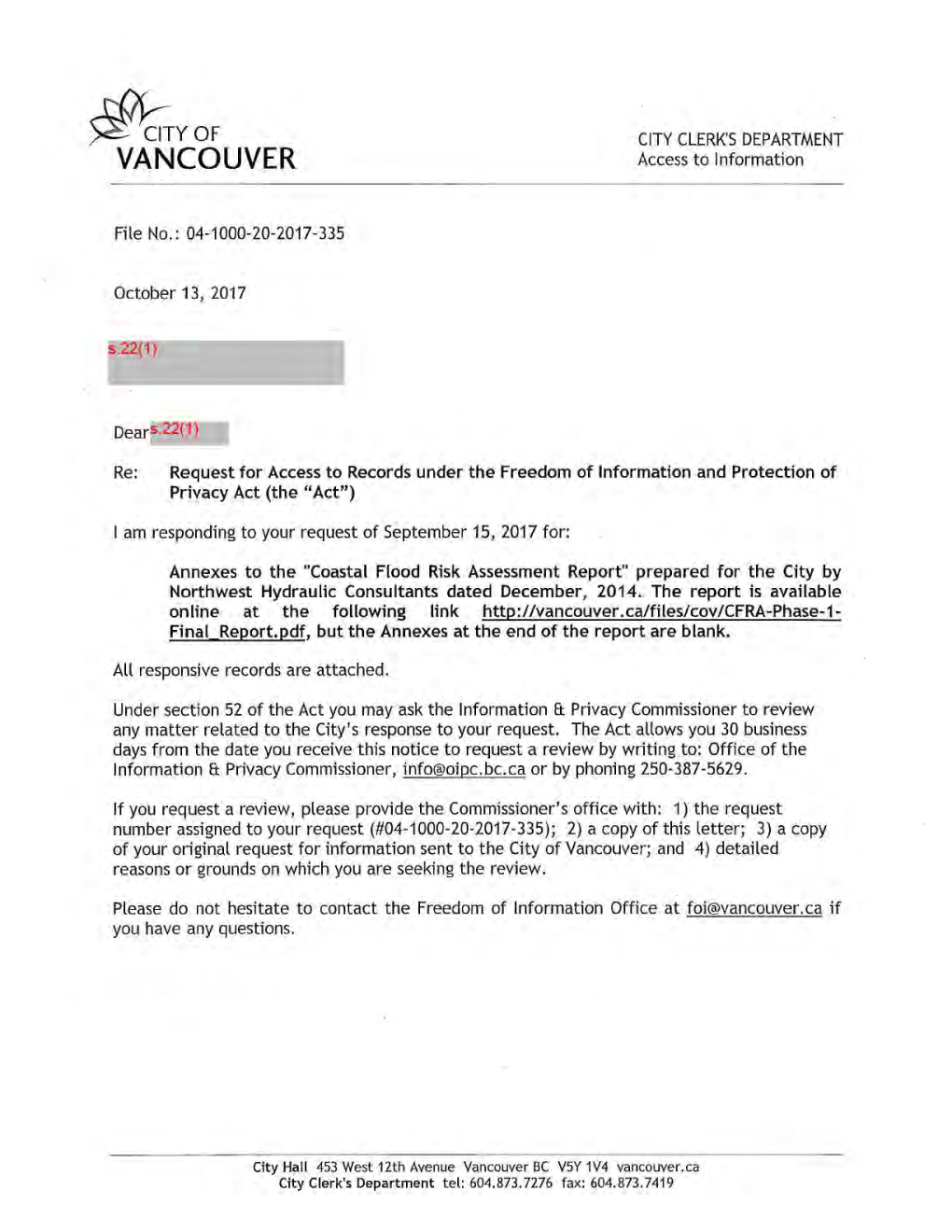 YOF CITY CLERK's DEPARTMENT VANCOUVER Access to Information