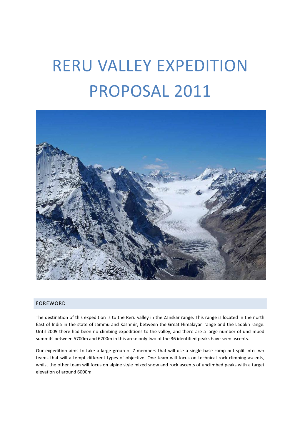 Reru Valley Expedition Proposal 2011