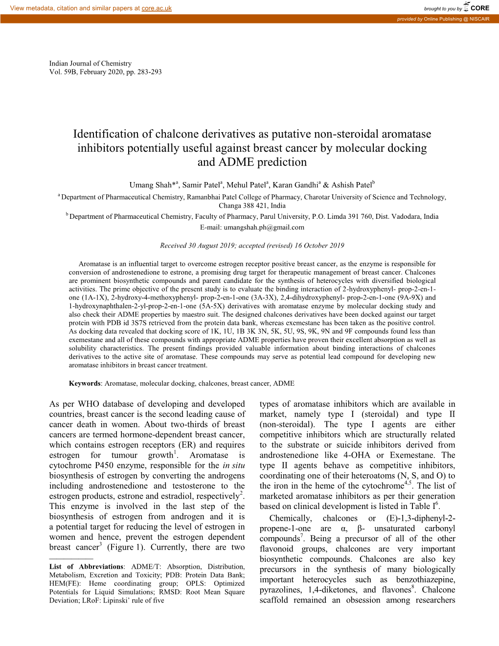 Identification of Chalcone Derivatives As Putative Non-Steroidal Aromatase
