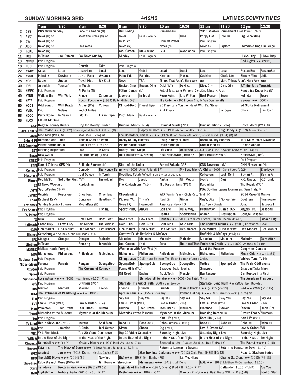 Sunday Morning Grid 4/12/15 Latimes.Com/Tv Times