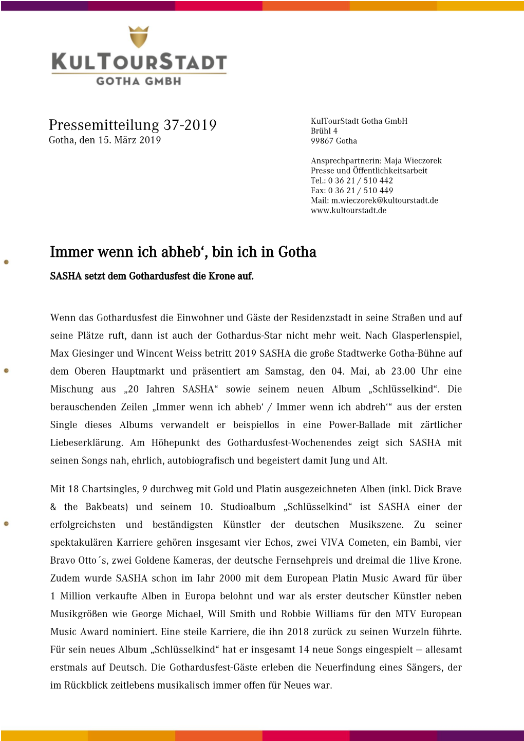 Pressemitteilung 37-2019 Immer Wenn Ich Abheb', Bin Ich in Gotha