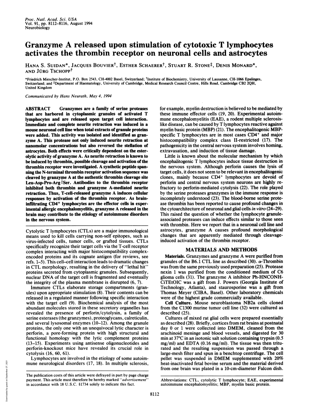 Granzyme a Released Upon Stimulation of Cytotoxic T Lymphocytes Activates the Thrombin Receptor on Neuronal Cells and Astrocytes HANA S