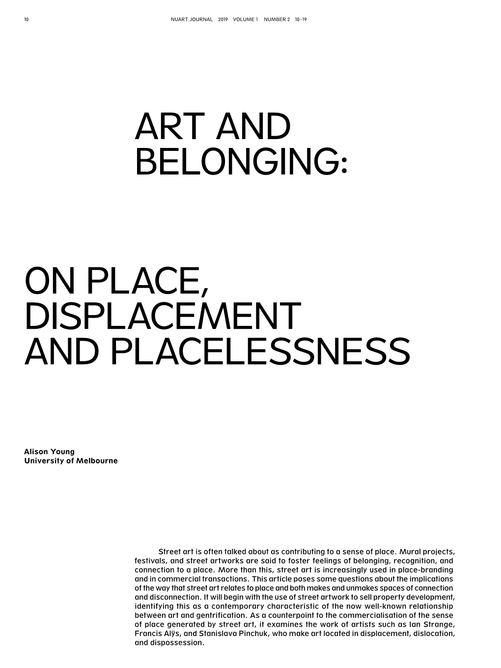 Alison Young Art and Belonging: on Place, Displacement And