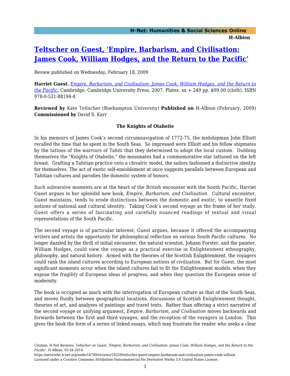 Empire, Barbarism, and Civilisation: James Cook, William Hodges, and the Return to the Pacific'