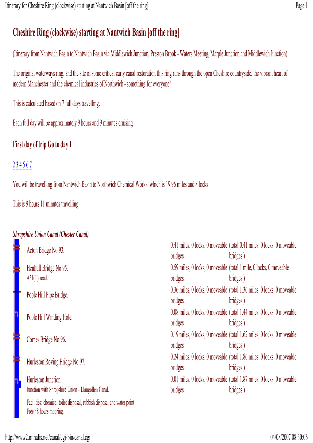 Itinerary for Cheshire Ring (Clockwise) Starting at Nantwich Basin [Off the Ring] Page 1